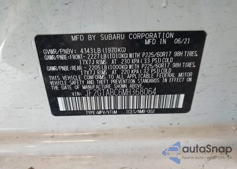 2021 Subaru Crosstrek z USA, uszkodzony, nr VIN JF2GTABC6MH368064